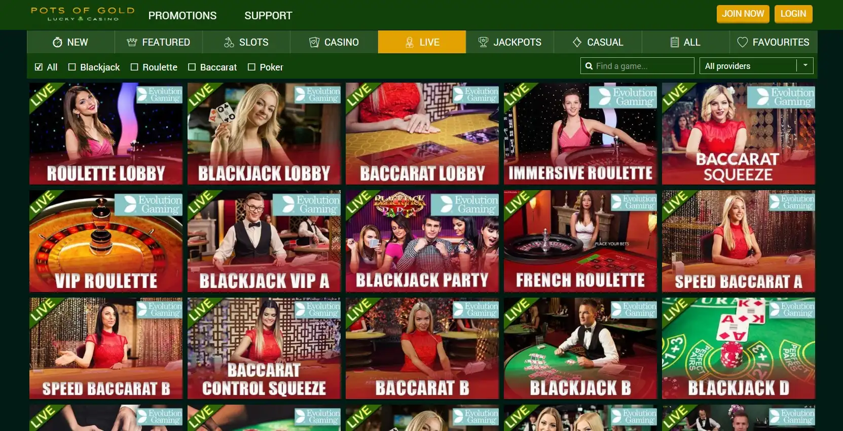 Pots Of Gold Casino Live Dealer Games