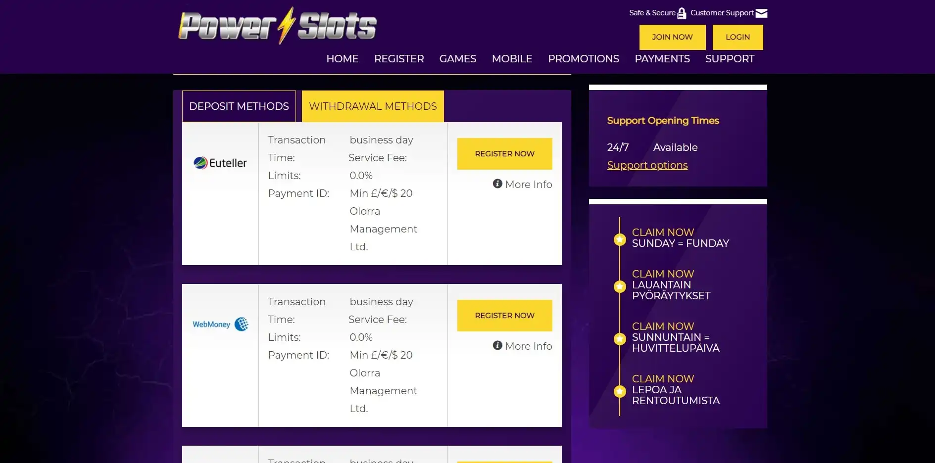 Power Slots Casino Payment Methods