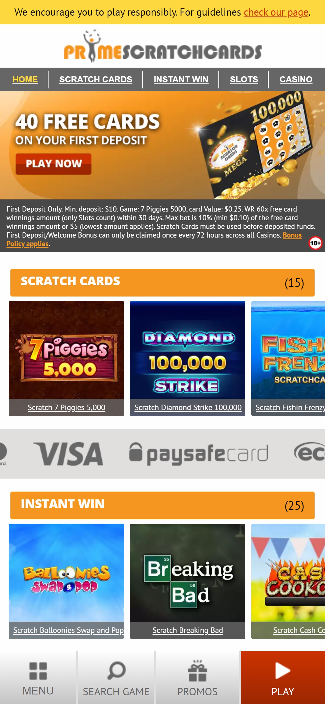 Prime Scratch Cards Casino Mobile Review