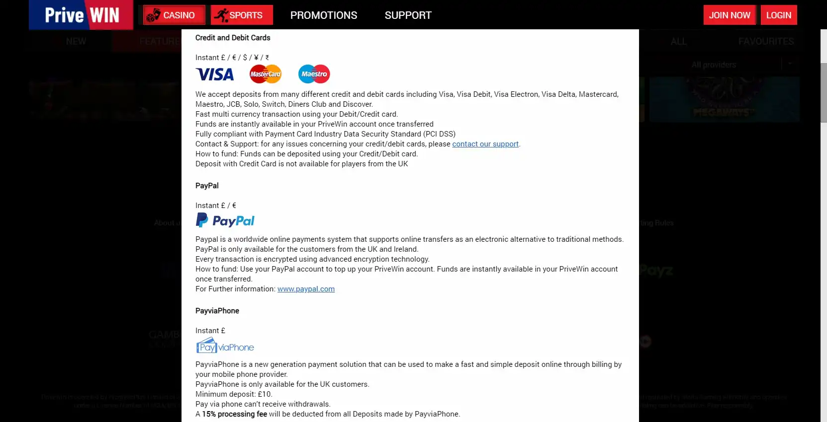 PriveWin Casino Payment Methods