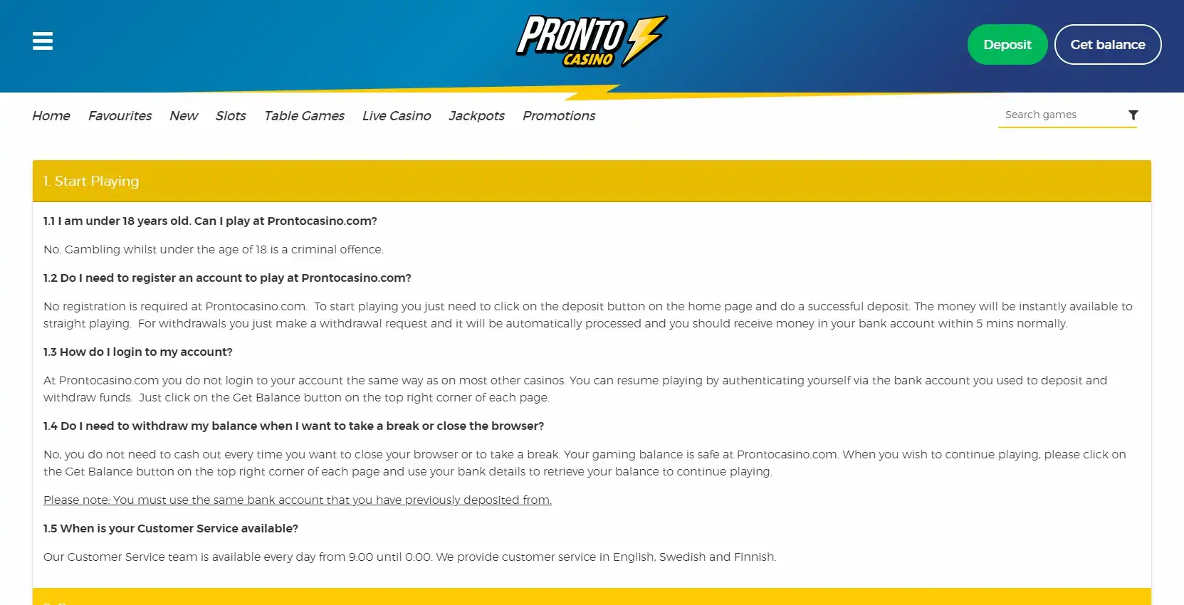 Pronto Casino Support
