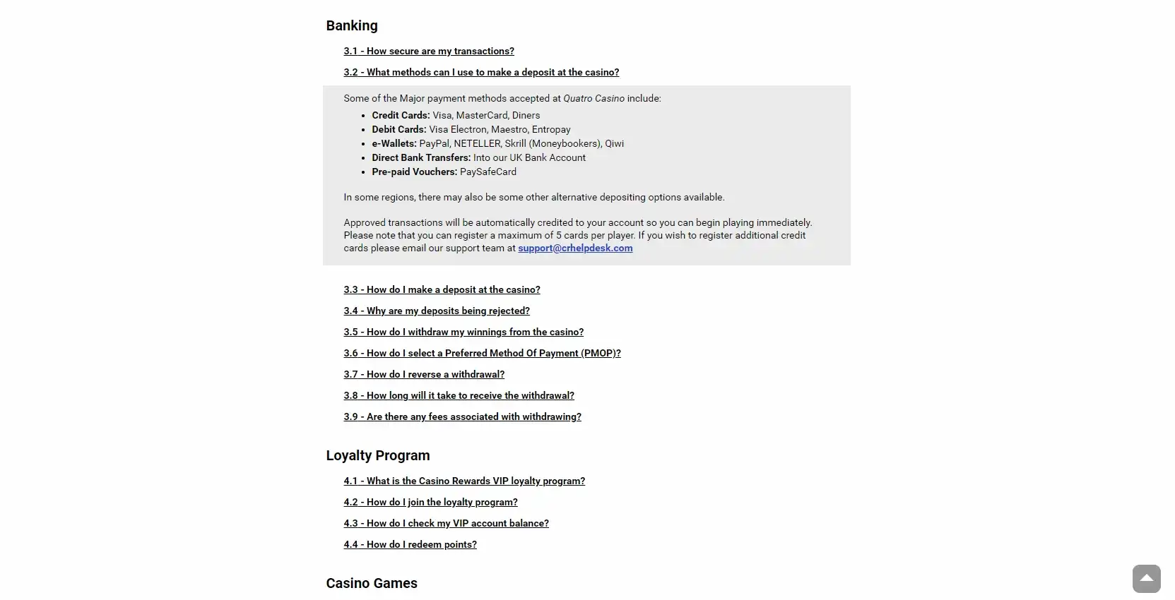 Quatro Casino Payment Methods