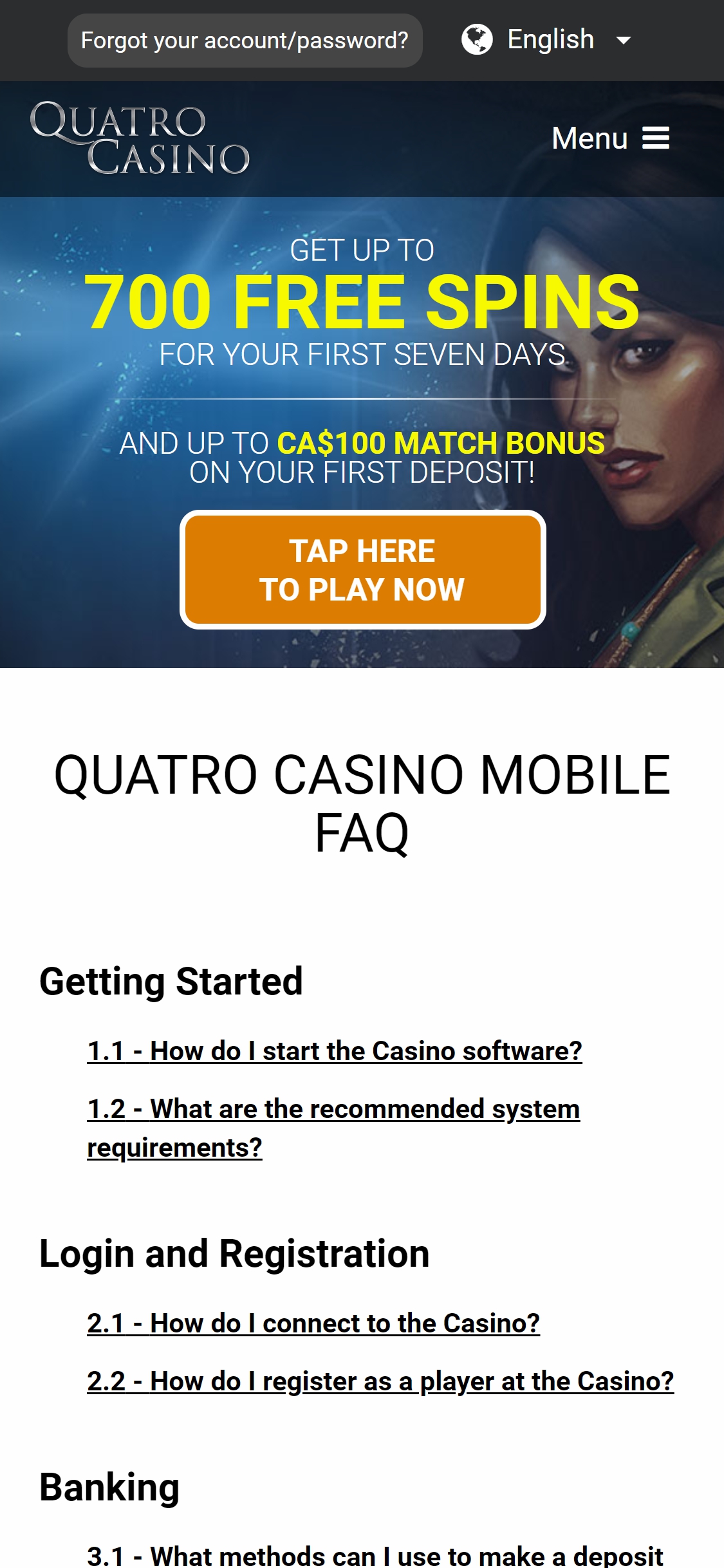 Quatro Casino Mobile Support Review