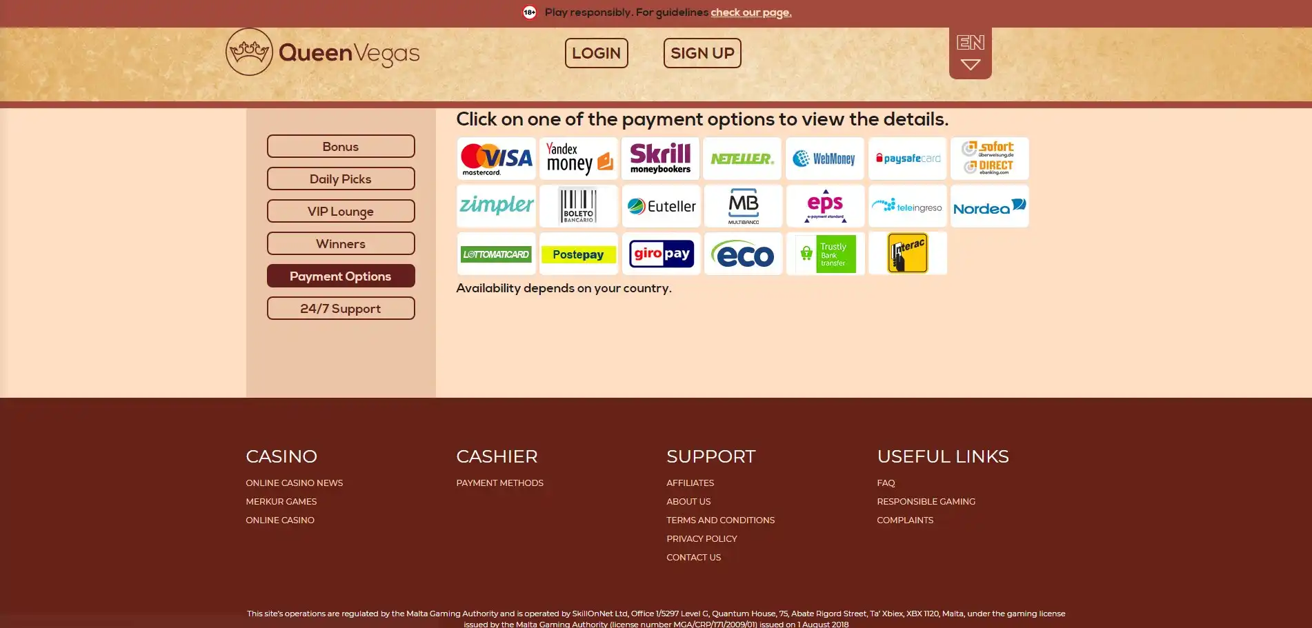 Queen Vegas Casino Payment Methods