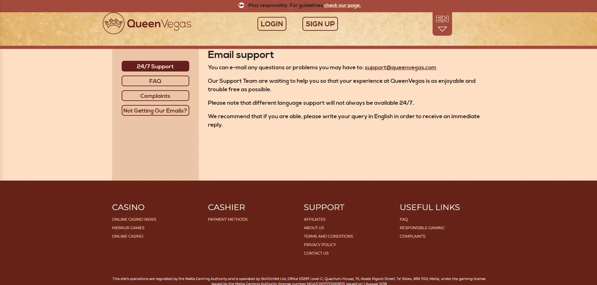Queen Vegas Casino Support
