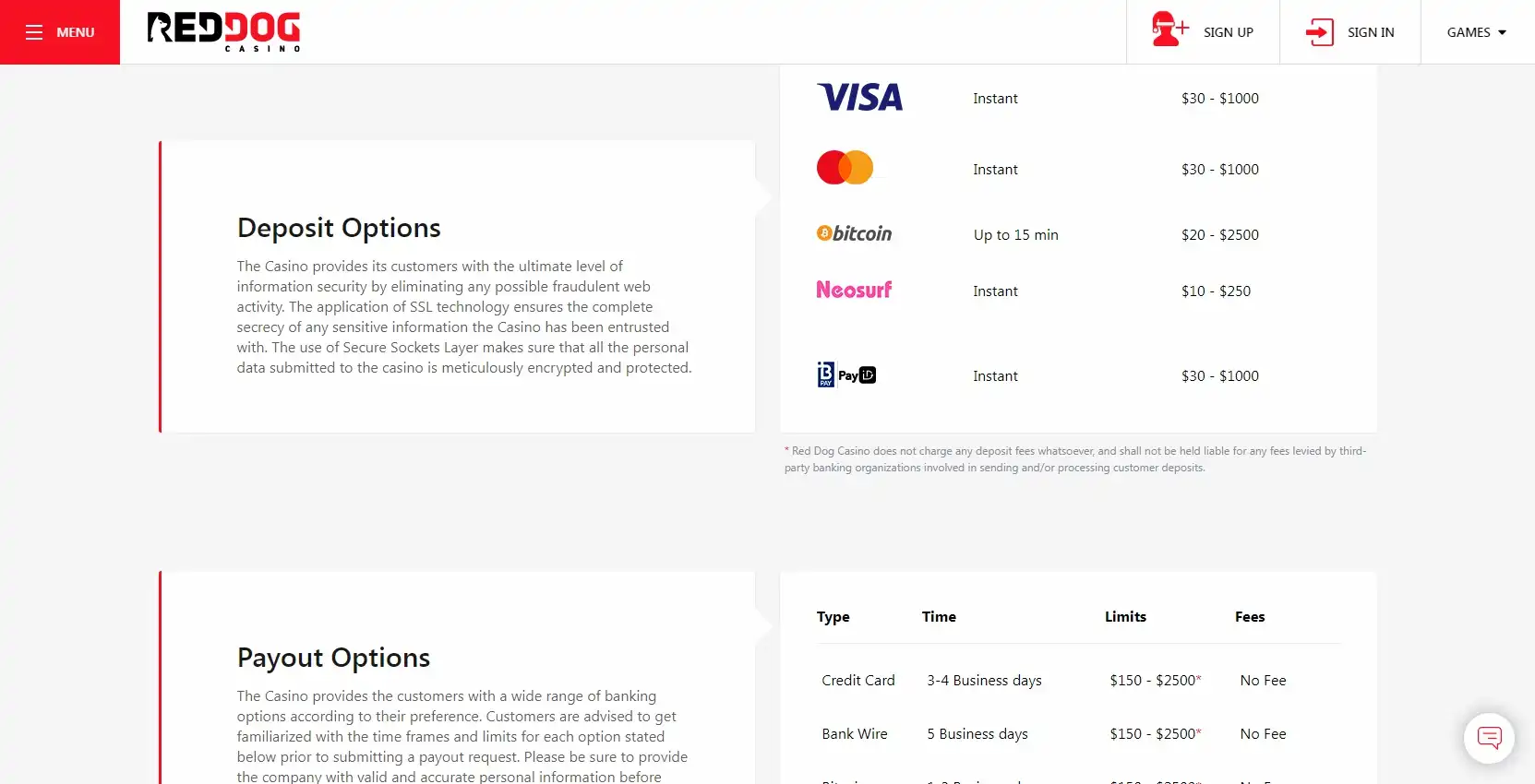 Red Dog Casino Payment Methods