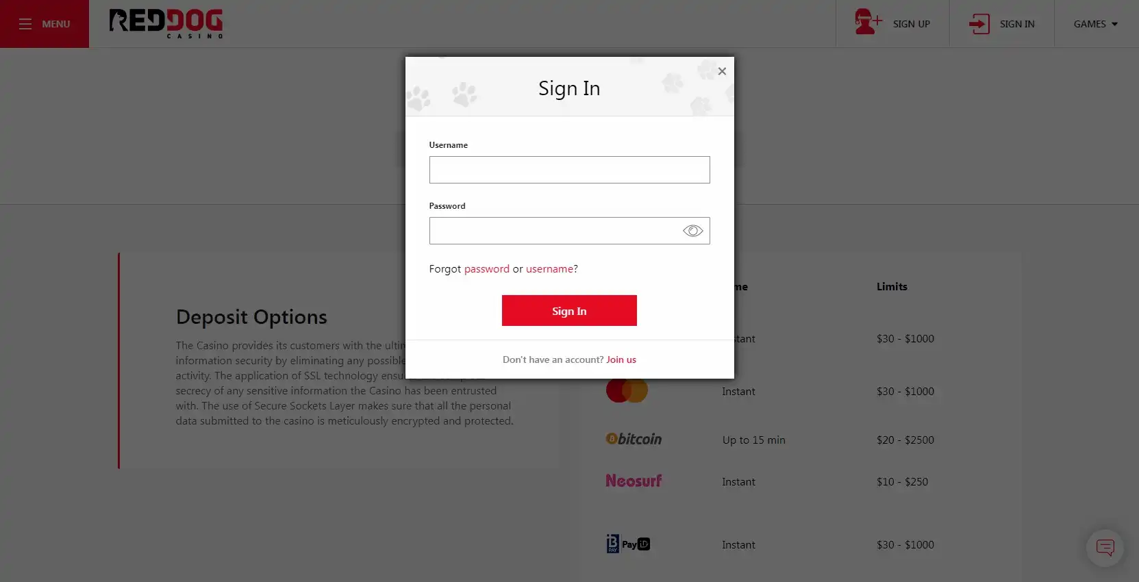 Red Dog Casino Login