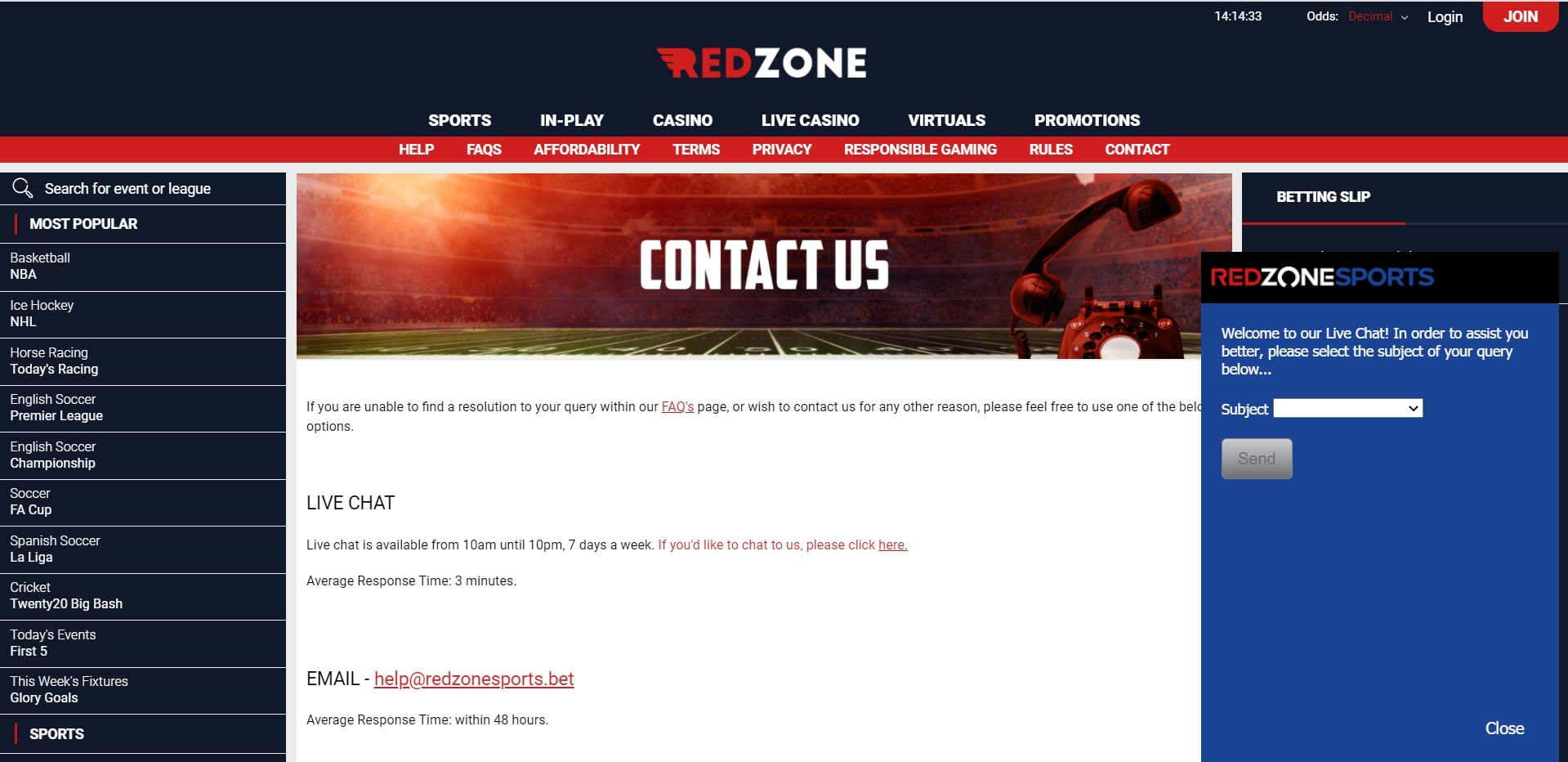 Red Zone Sports Bet Support