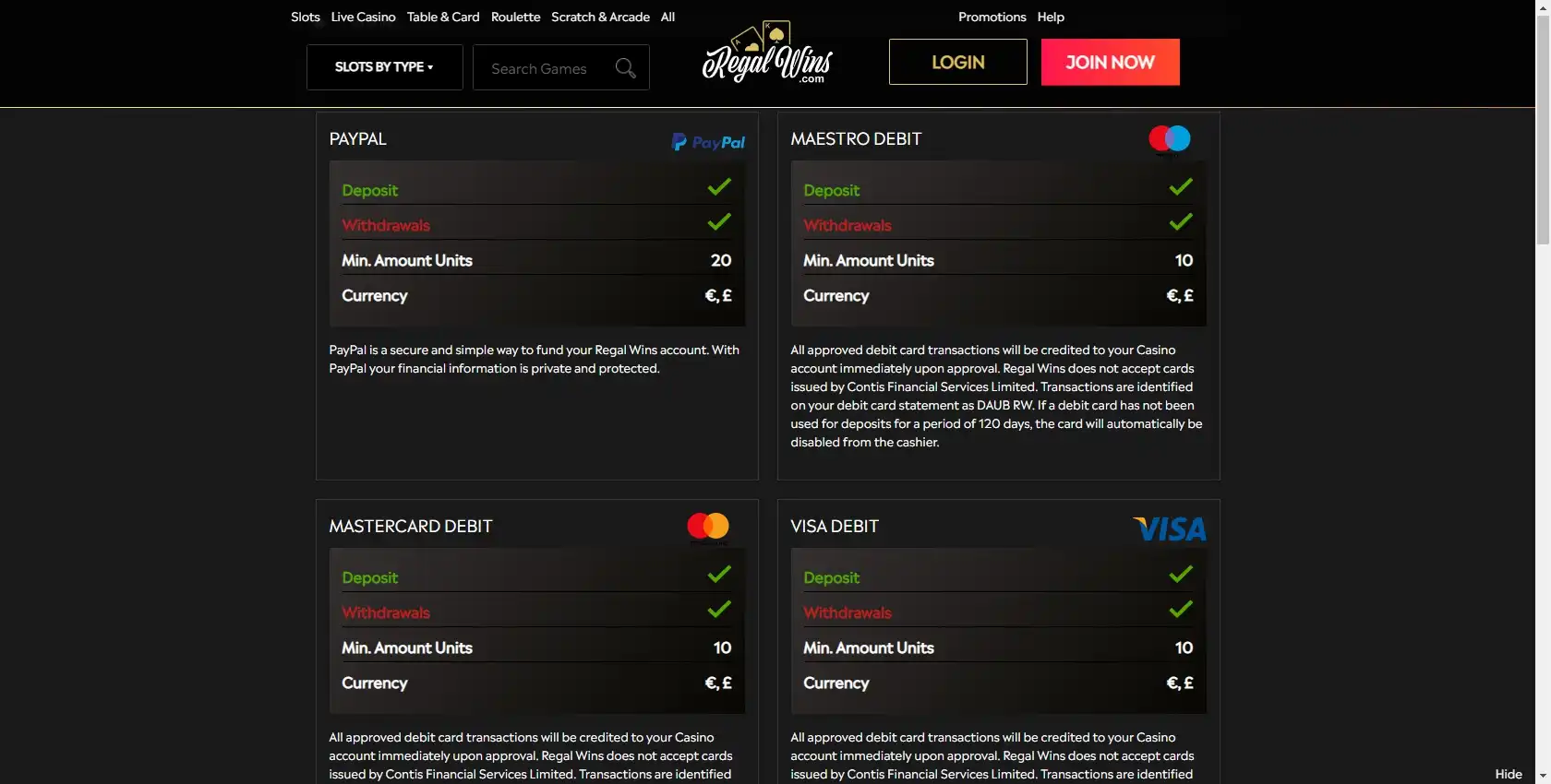 Regal Wins Casino Payment Methods