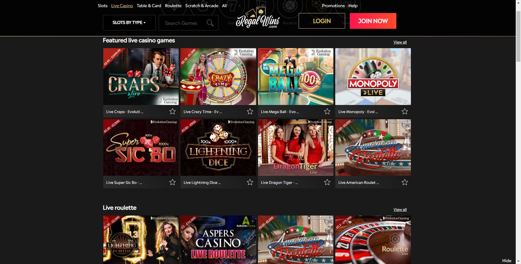 Regal Wins Casino Live Dealer Games