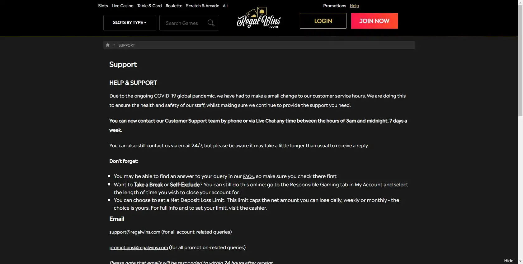 Regal Wins Casino Support
