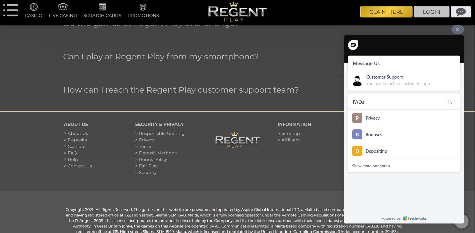 Regent Casino Support
