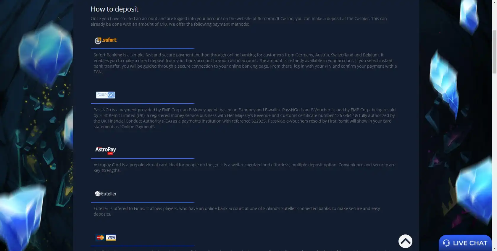 Rembrandt Casino Payment Methods