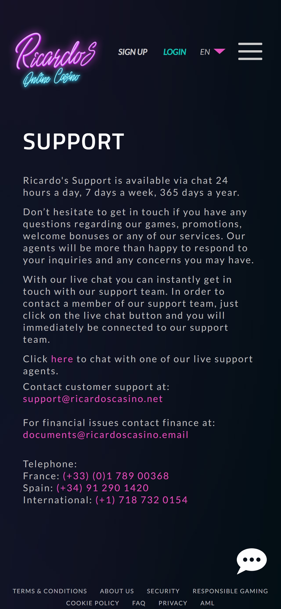 Ricardos Casino Mobile Support Review