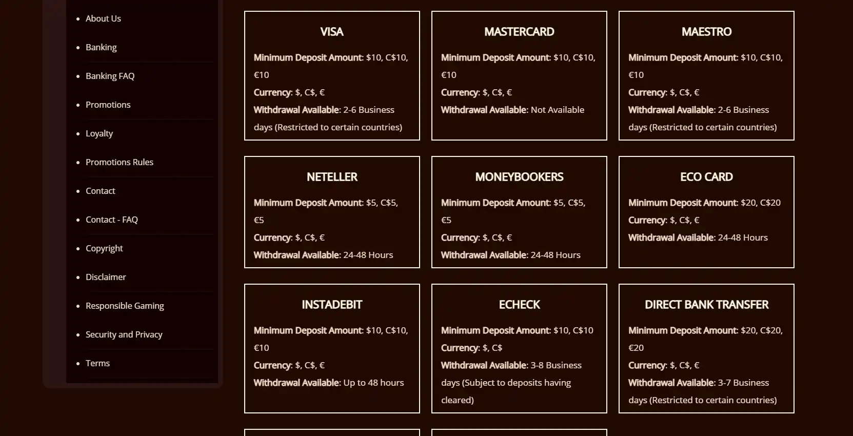 River Belle Casino Payment Methods