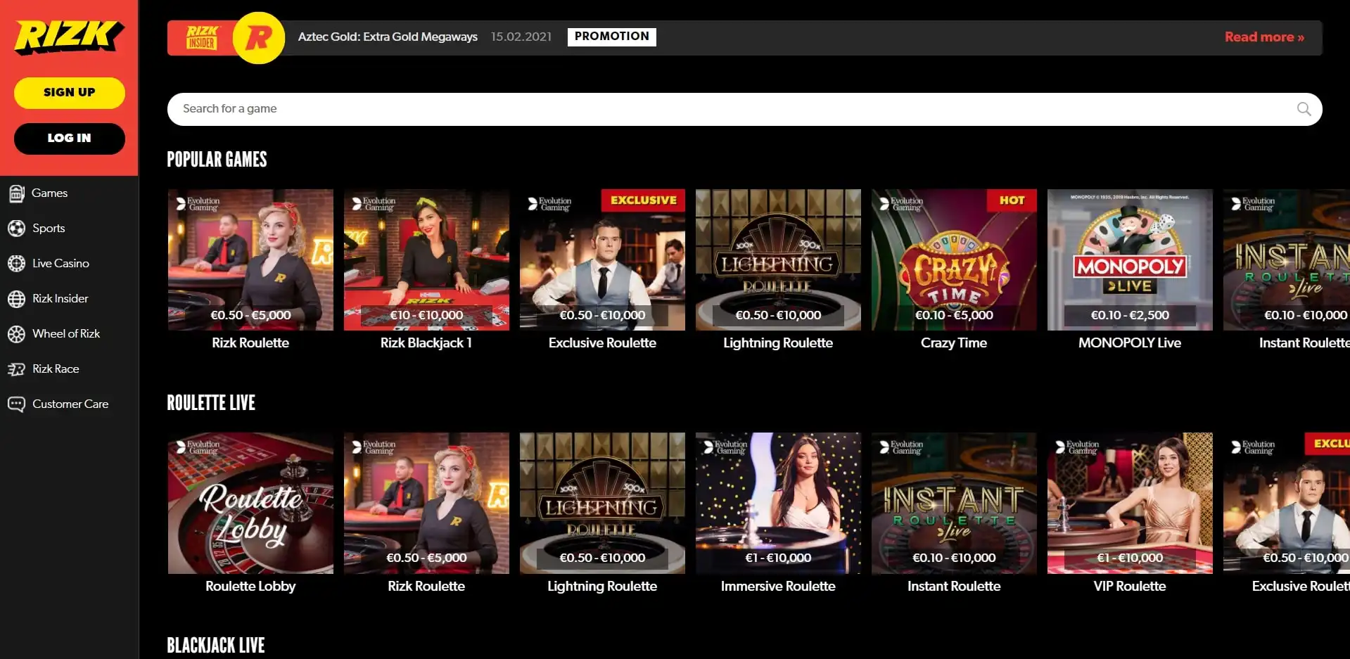 Rizk Casino Live Dealer Games