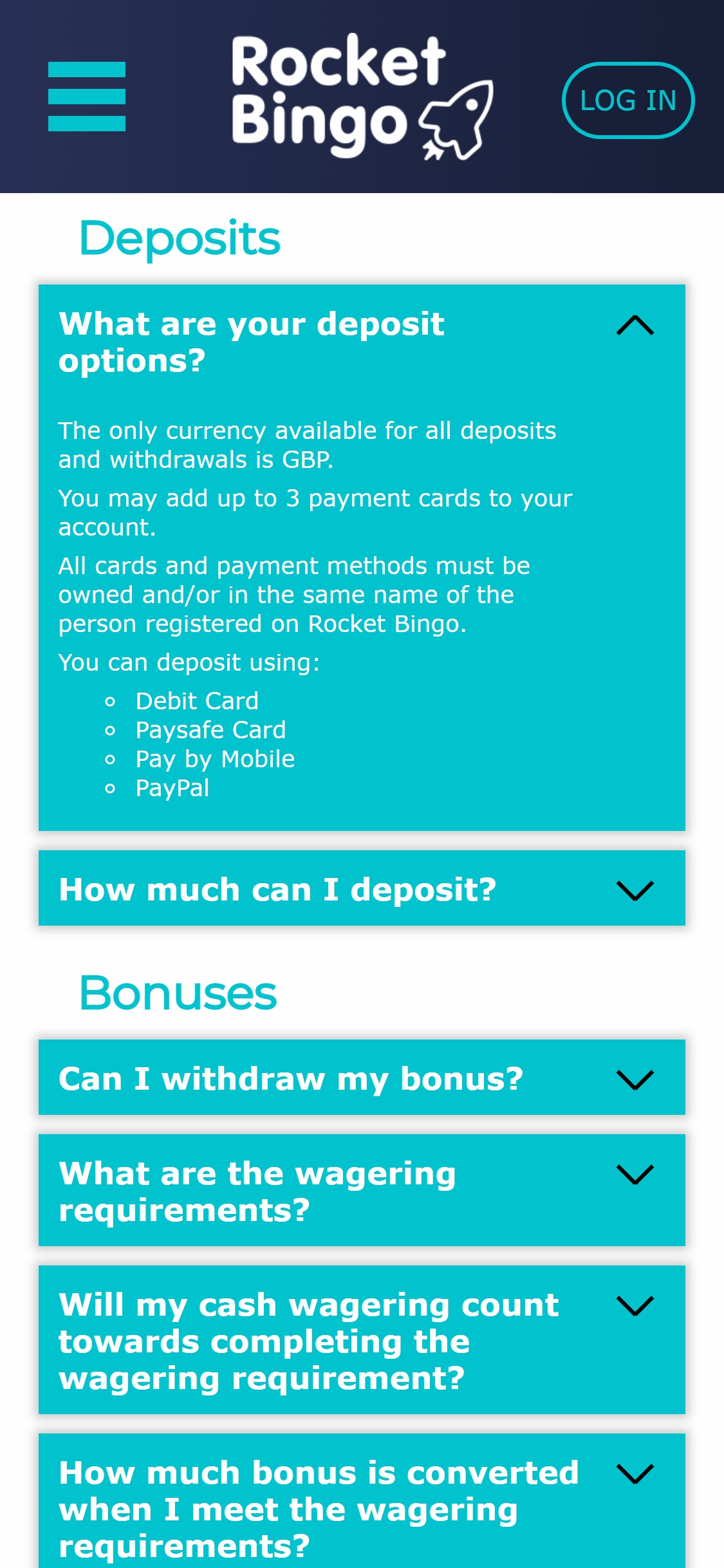 Rocket Bingo Casino Mobile Payment Methods Review