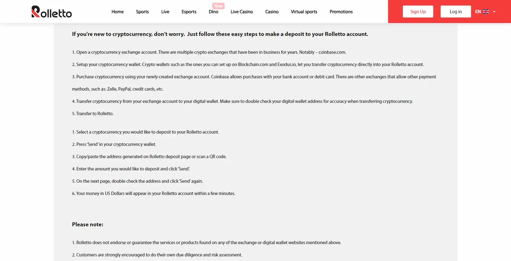 Rolletto Casino Payment Methods