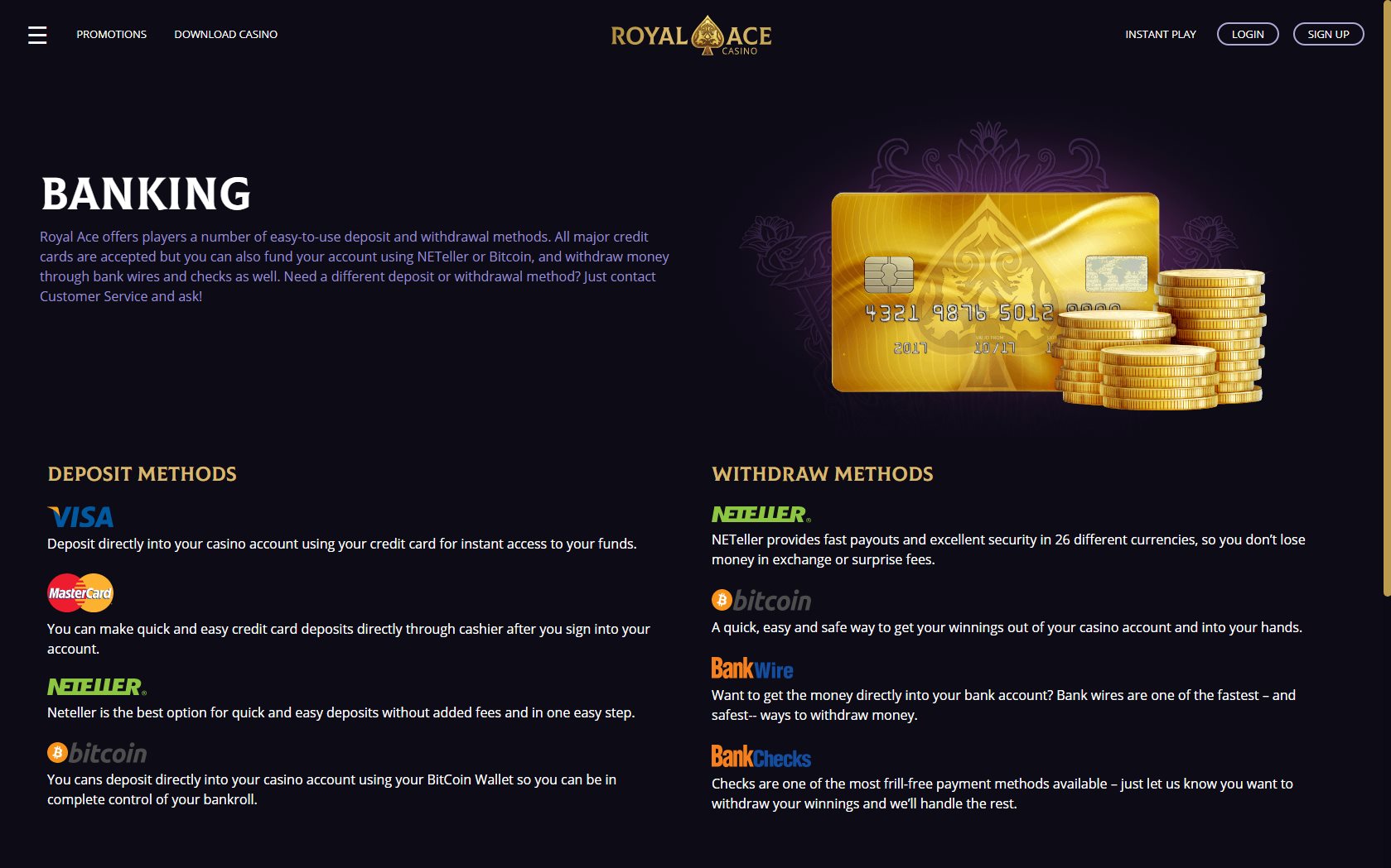 Royal Ace Casino Payment Methods