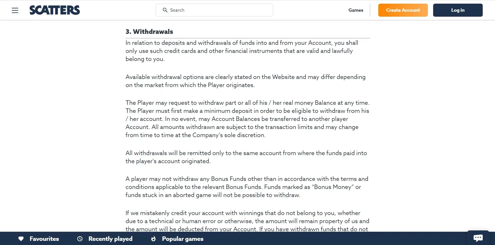 Scatters Casino Payment Methods