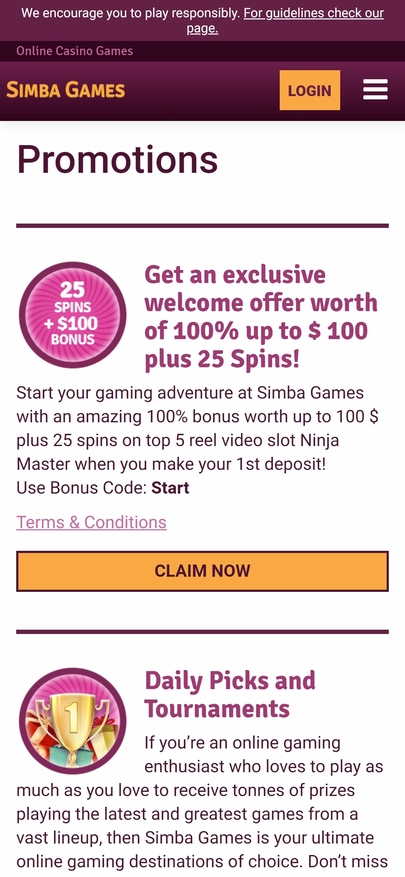 Simba Games Casino Mobile No Deposit Bonus Review