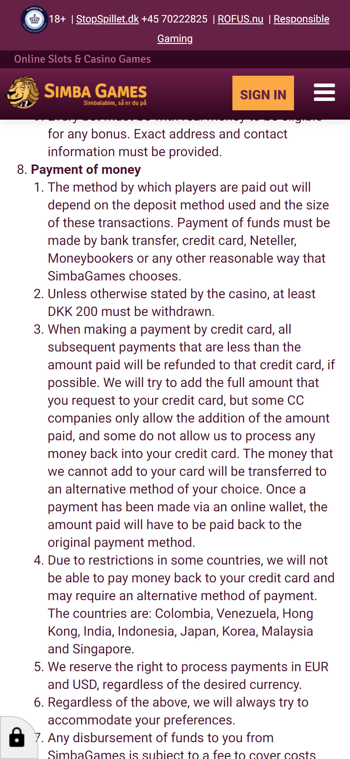 Simba Games DK Casino Payment Methods