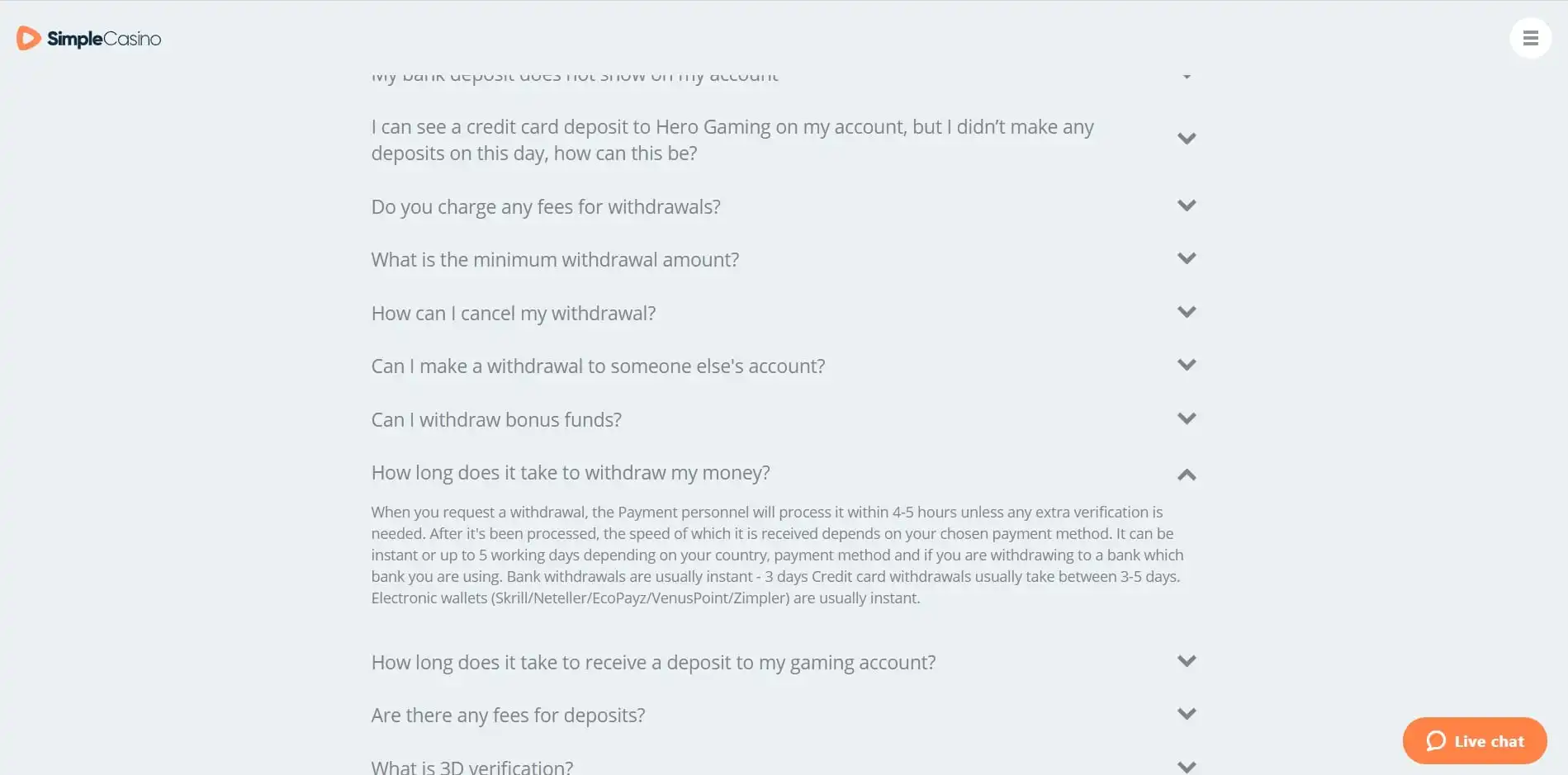 Simple Casino JP Payment Methods
