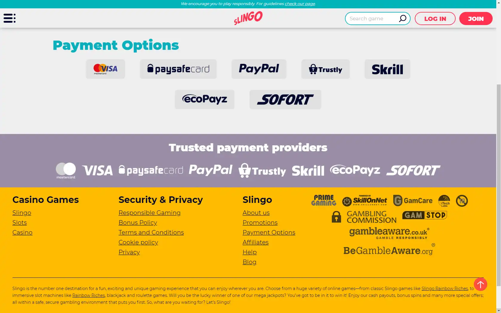Slingo Casino Payment Methods