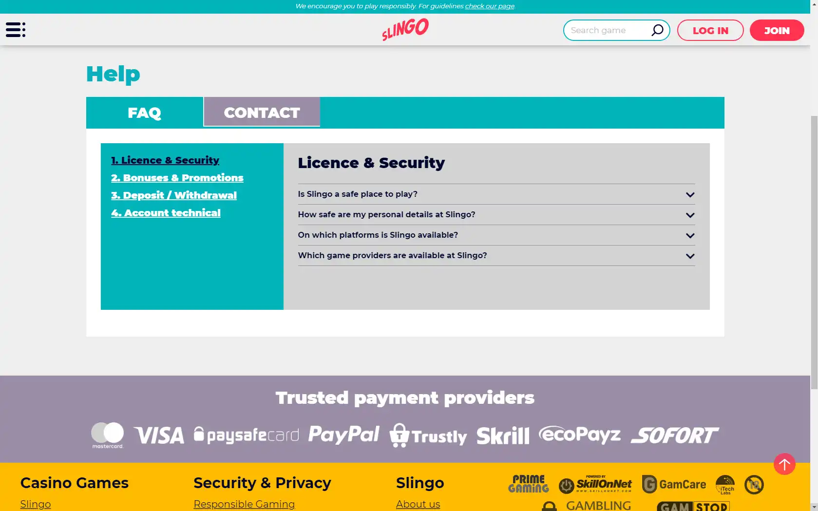 Slingo Casino Support