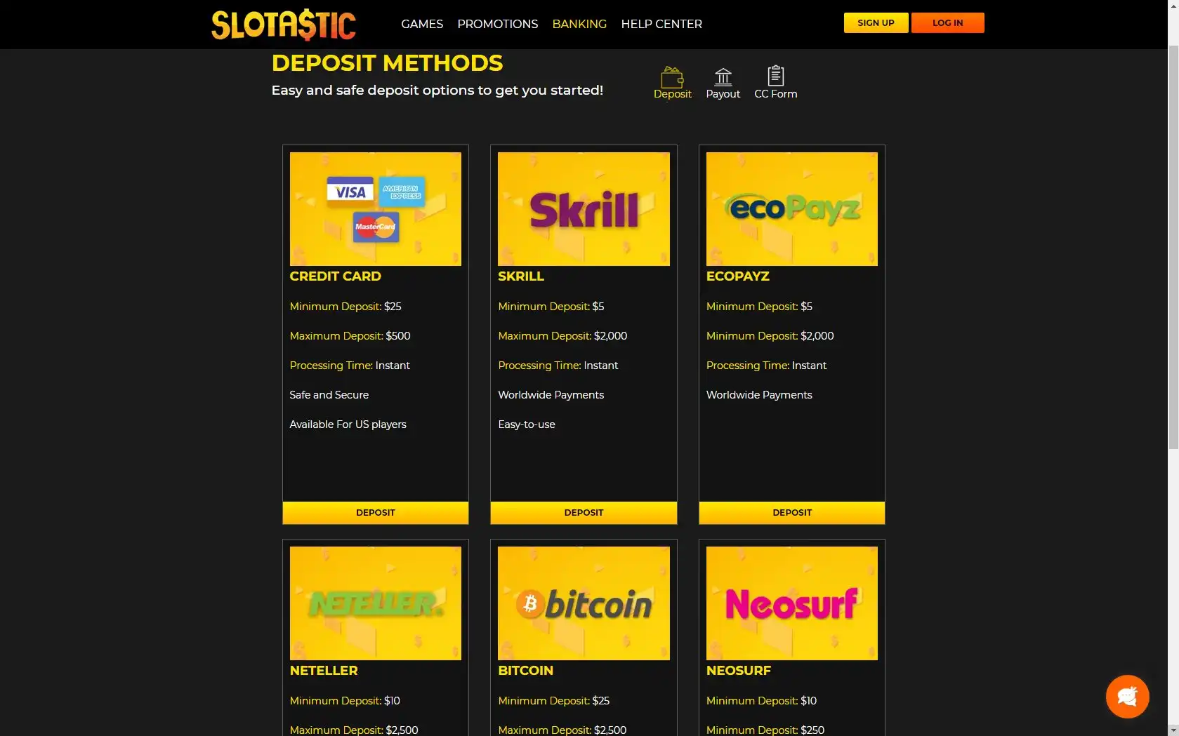 Slotastic Casino Payment Methods