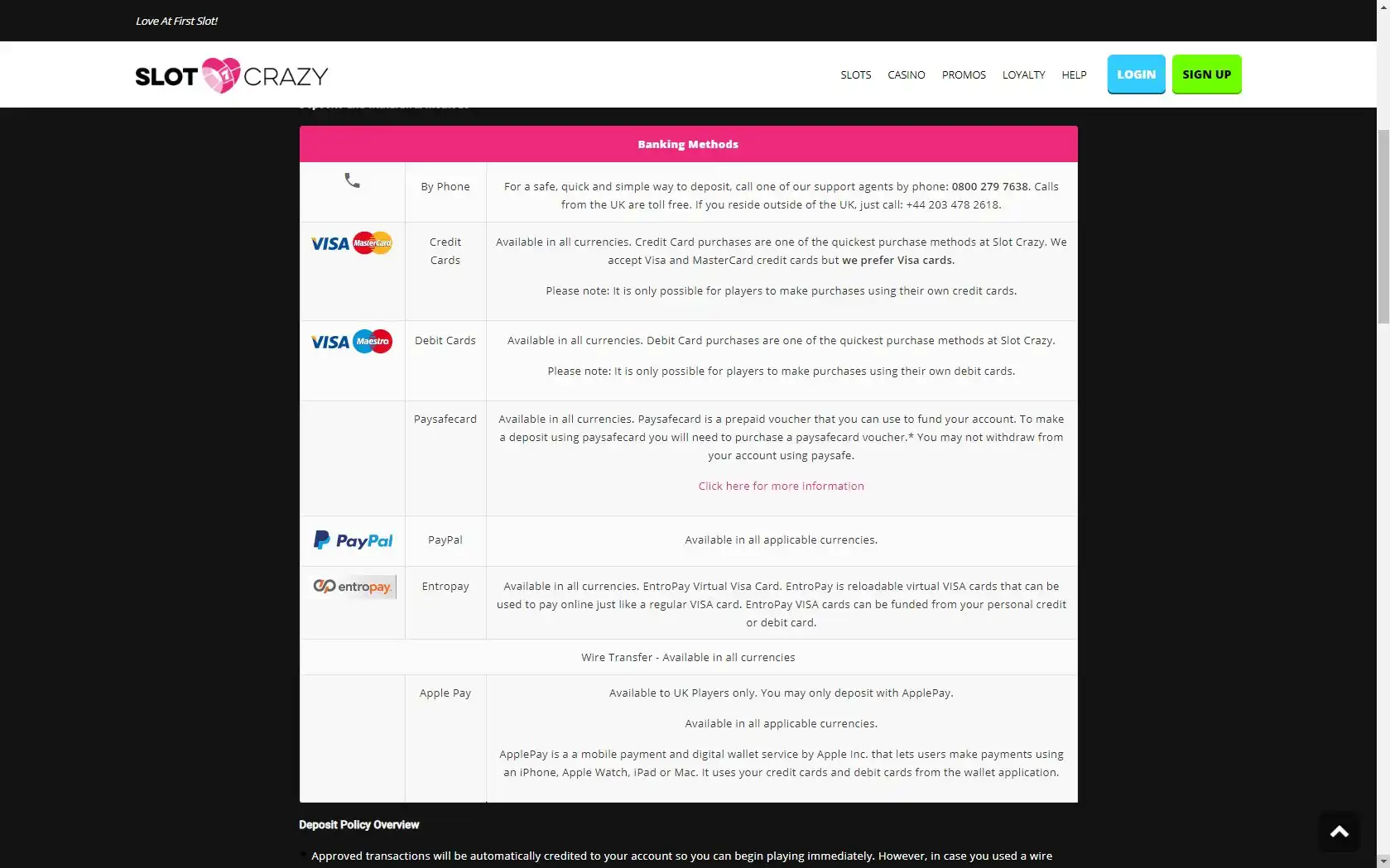 Slot Crazy Casino Payment Methods