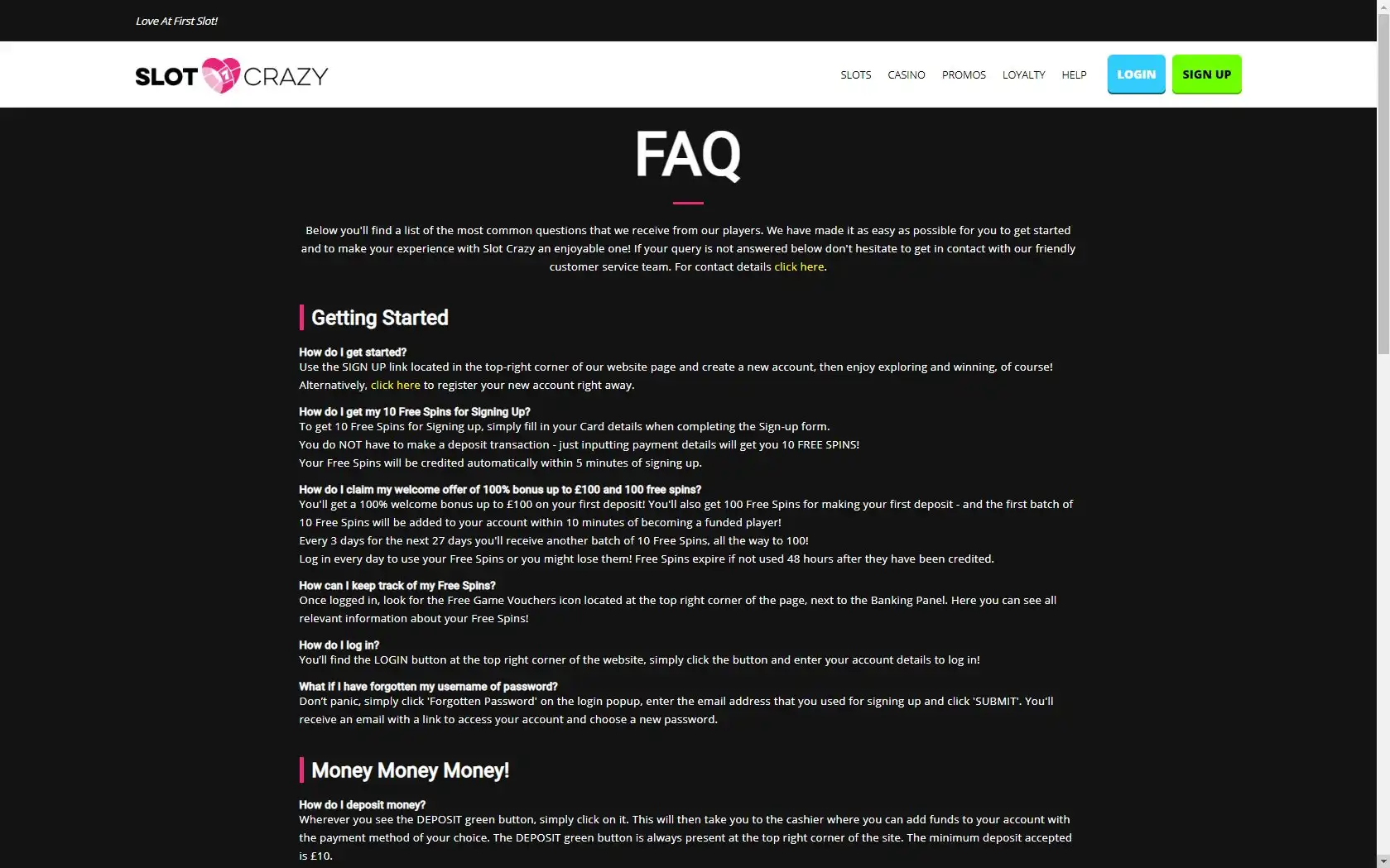 Slot Crazy Casino Support