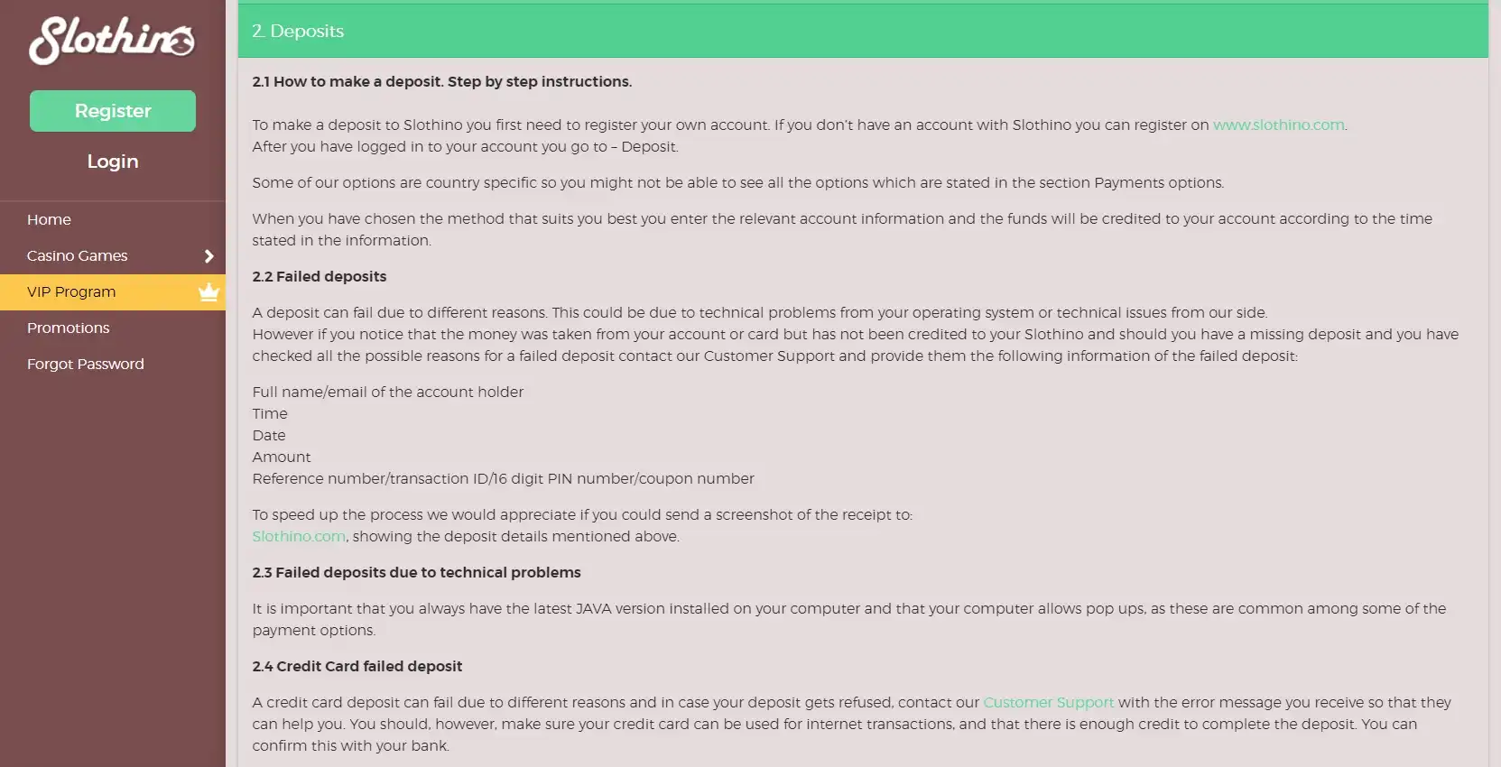 Slothino Casino Payment Methods
