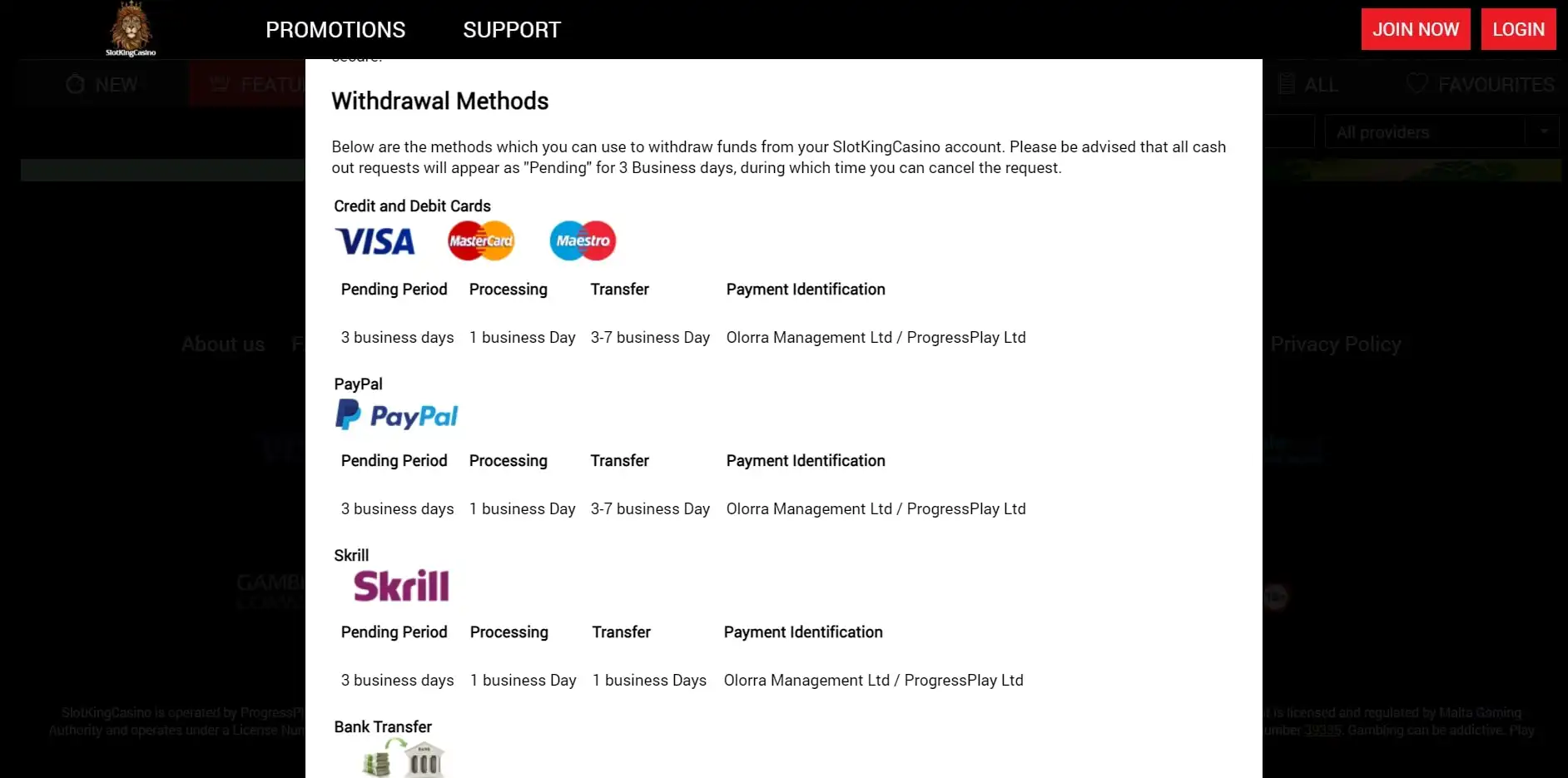 SlotKing Casino Payment Methods