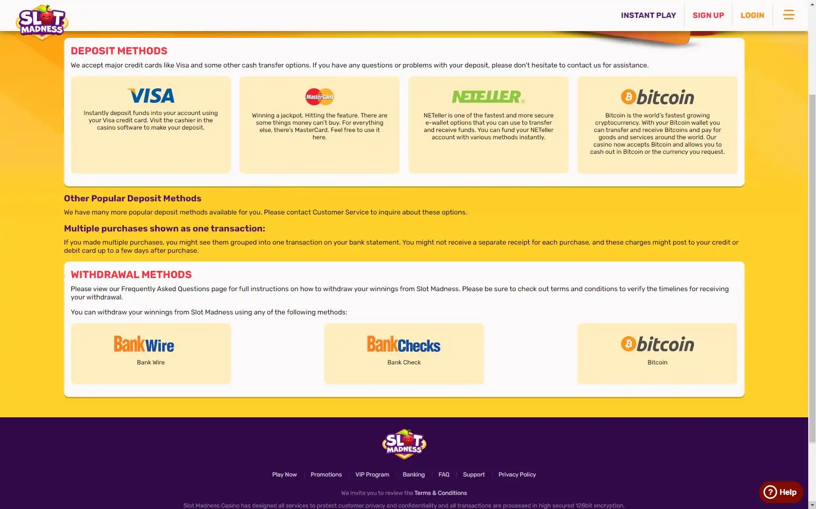 Slot Madness Casino Payment Methods