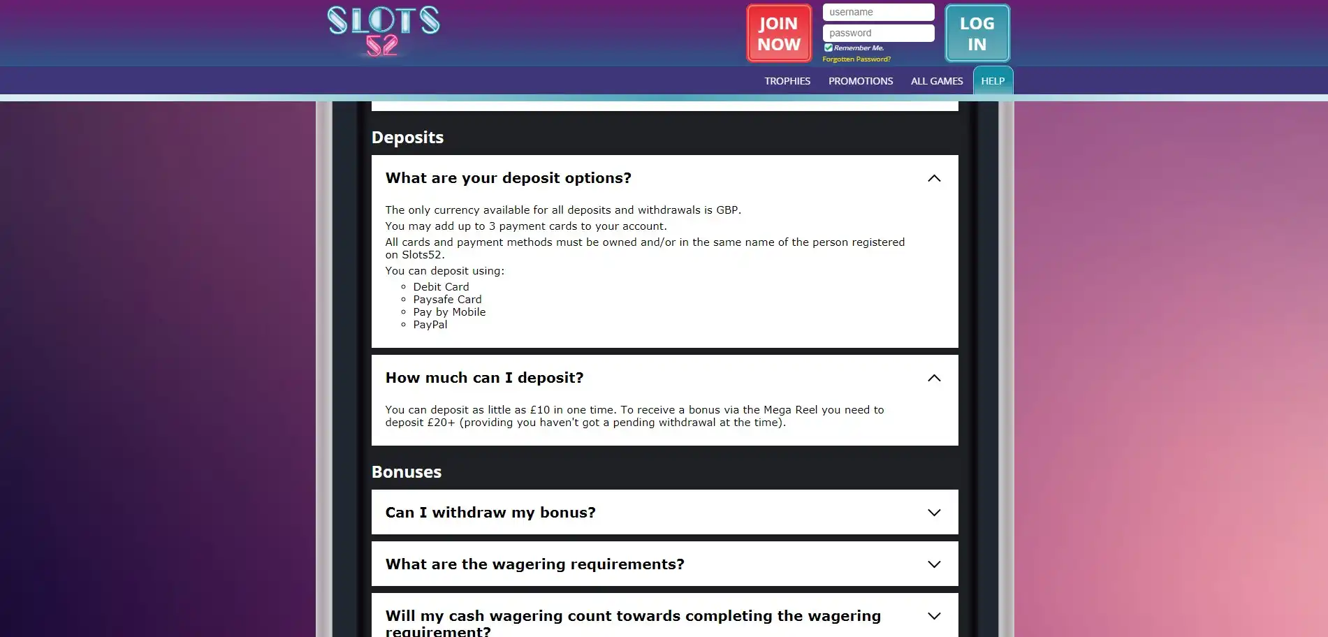 Slots52 Casino Payment Methods