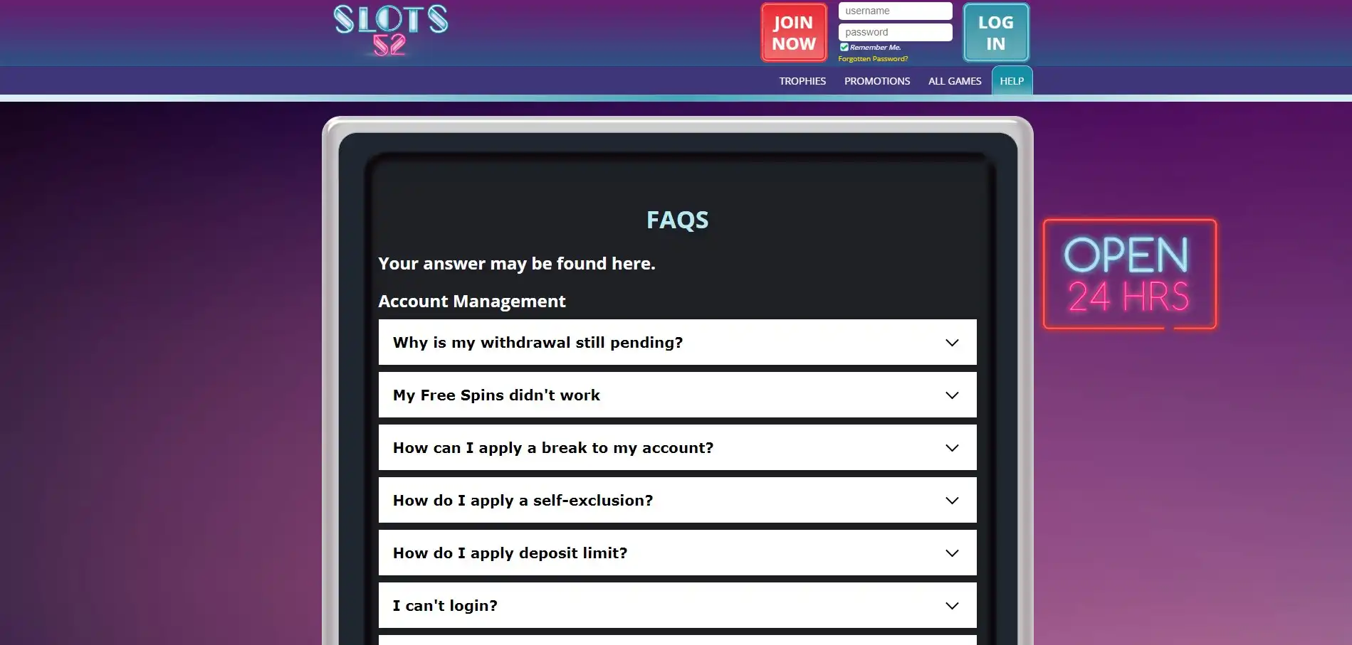 Slots52 Casino Support