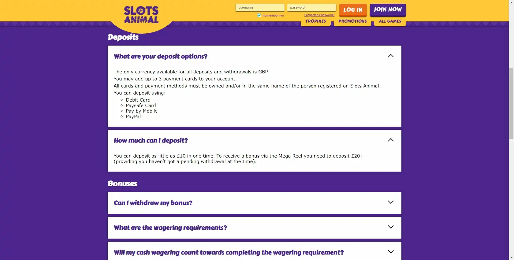 Slots Animal Casino Payment Methods