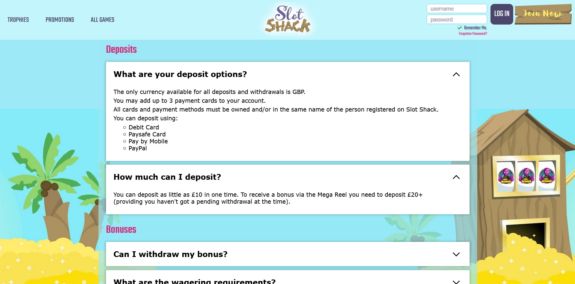 Slot Shack Casino Payment Methods