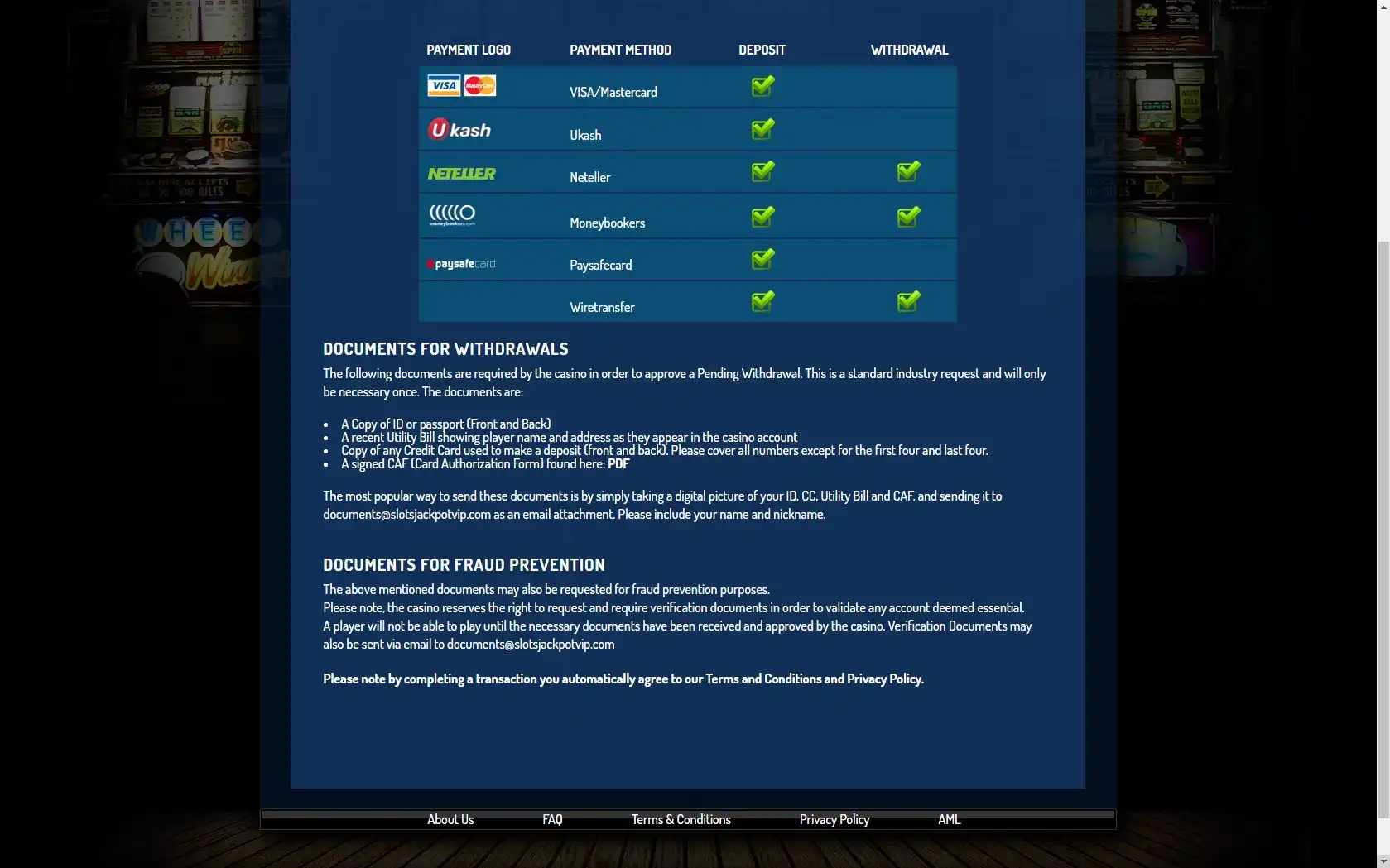 Slots Jackpot Casino Payment Methods