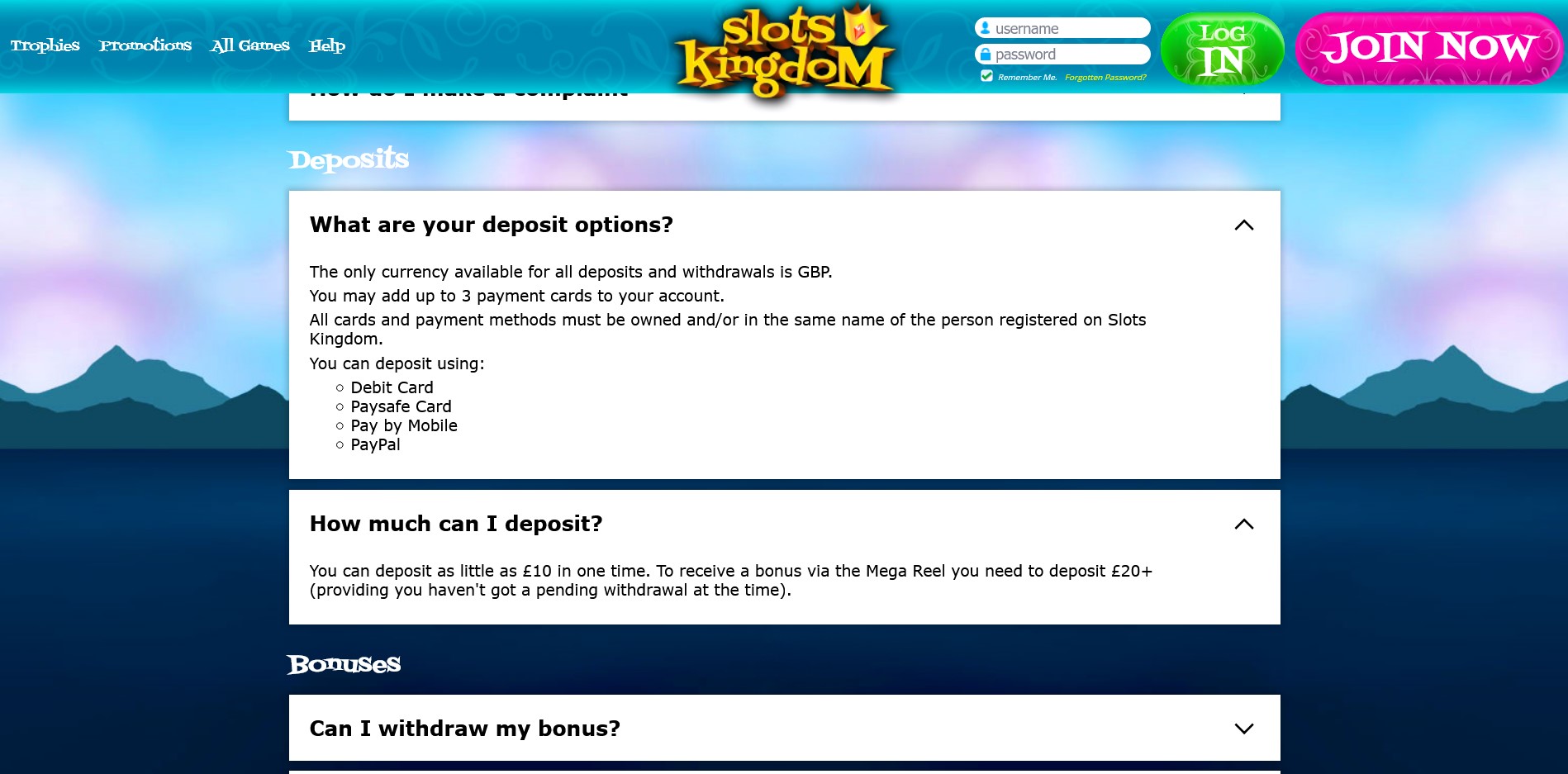 Slots Kingdom Casino Payment Methods