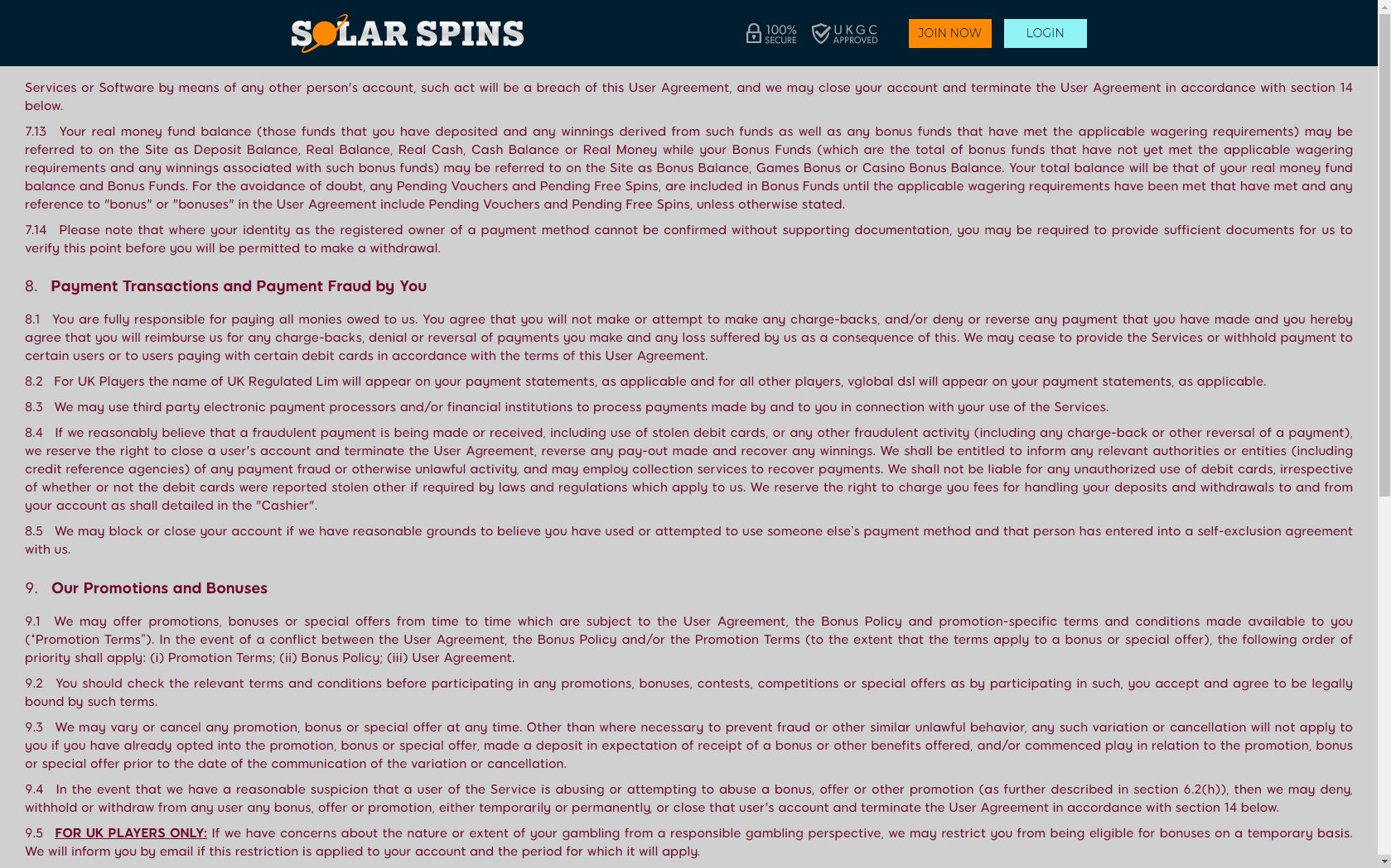 Solar Spins Casino Payment Methods