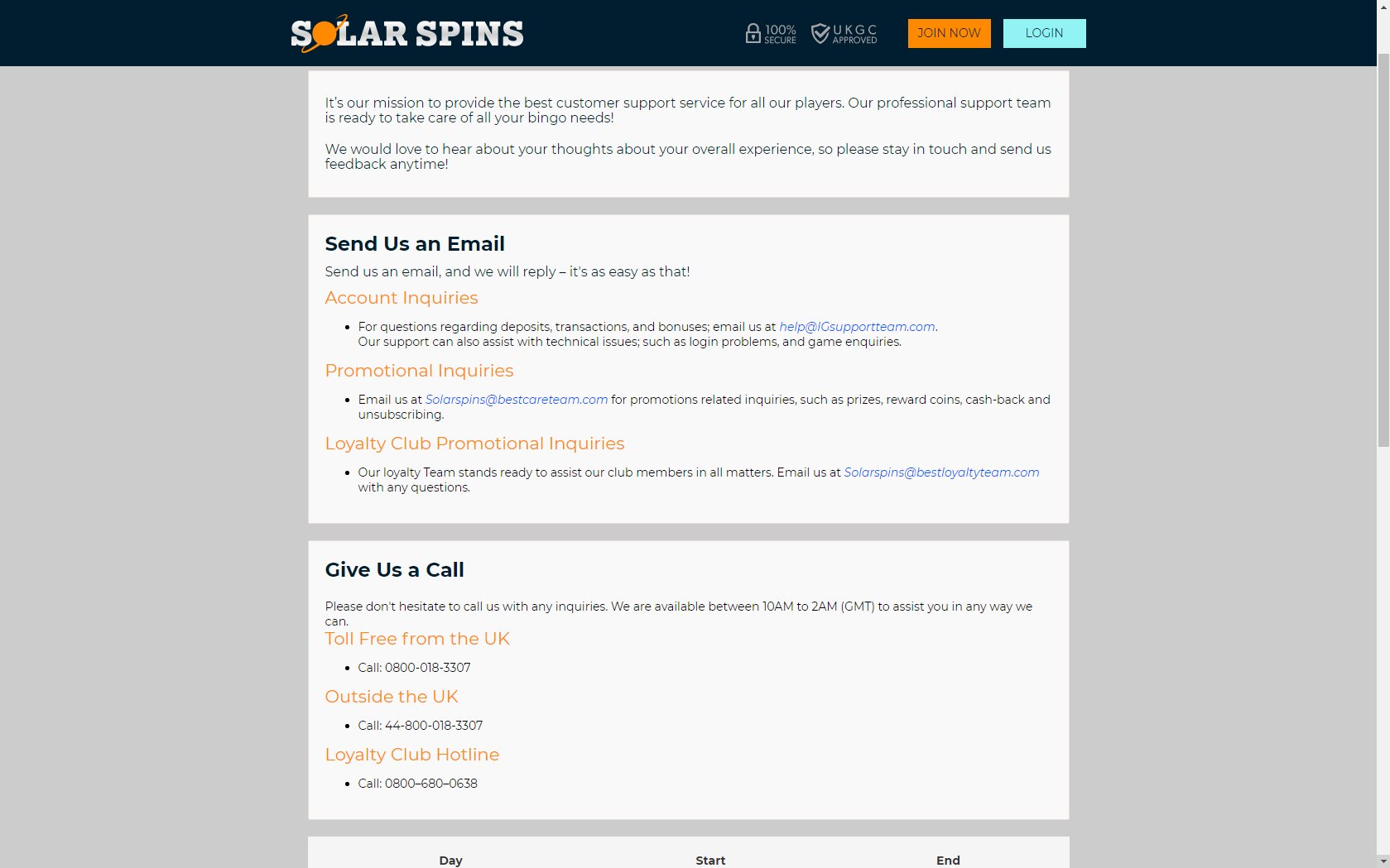 Solar Spins Casino Support