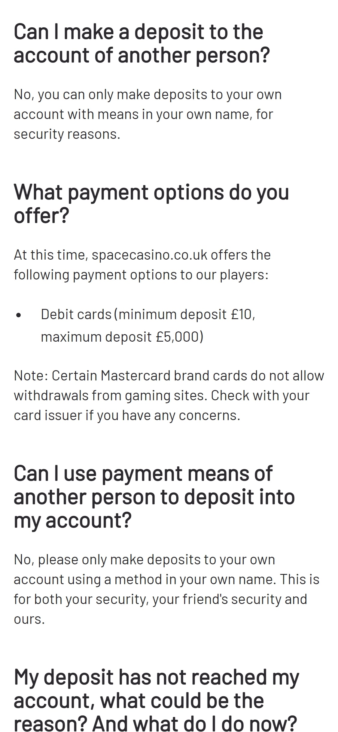 Space Casino Mobile Payment Methods Review