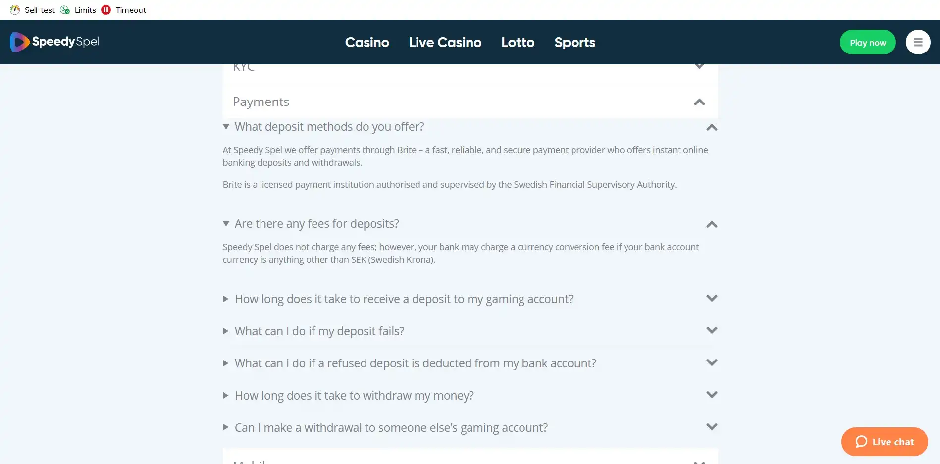 Speedy Casino Payment Methods