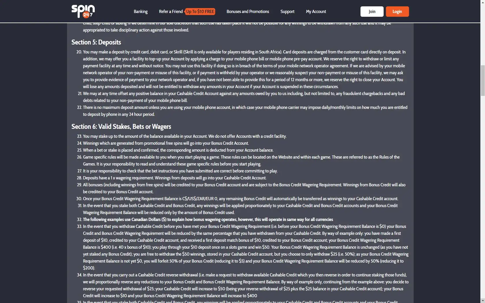 Spin247 Casino Payment Methods