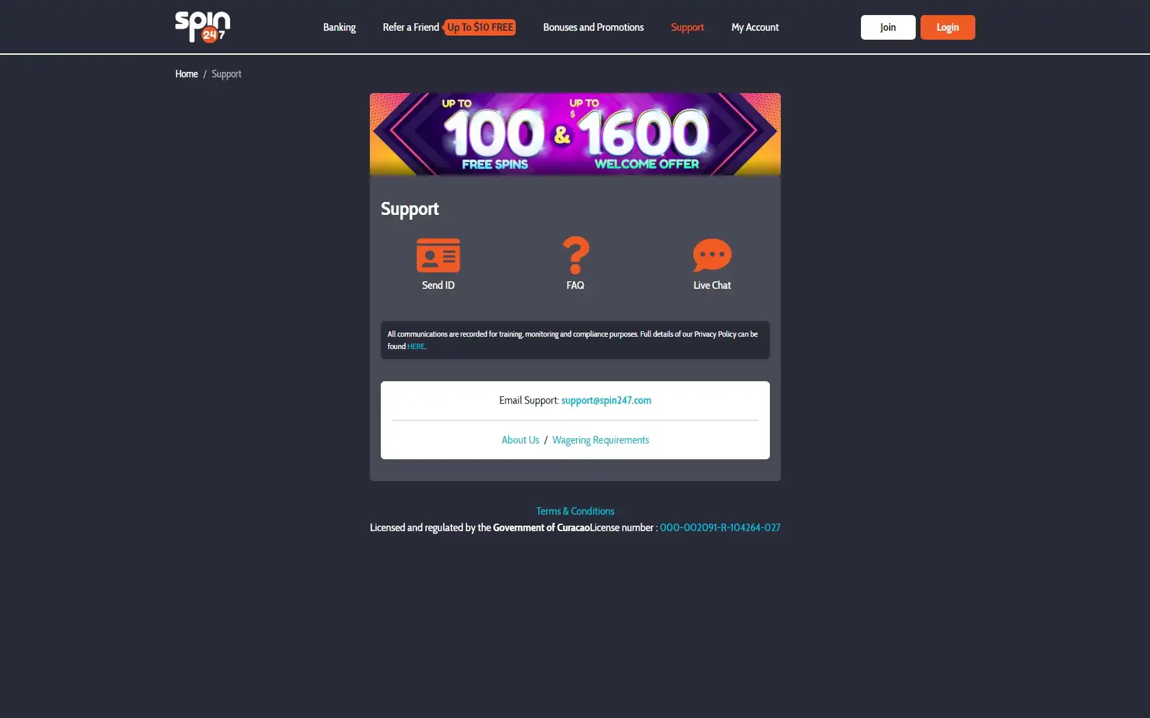 Spin247 Casino Support