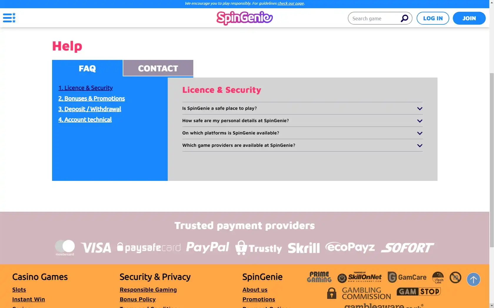 Spin Genie Casino Support