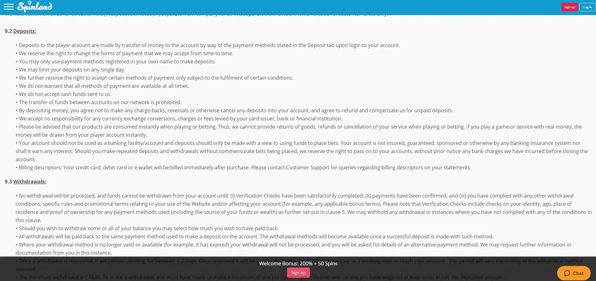 Spinland Casino Payment Methods