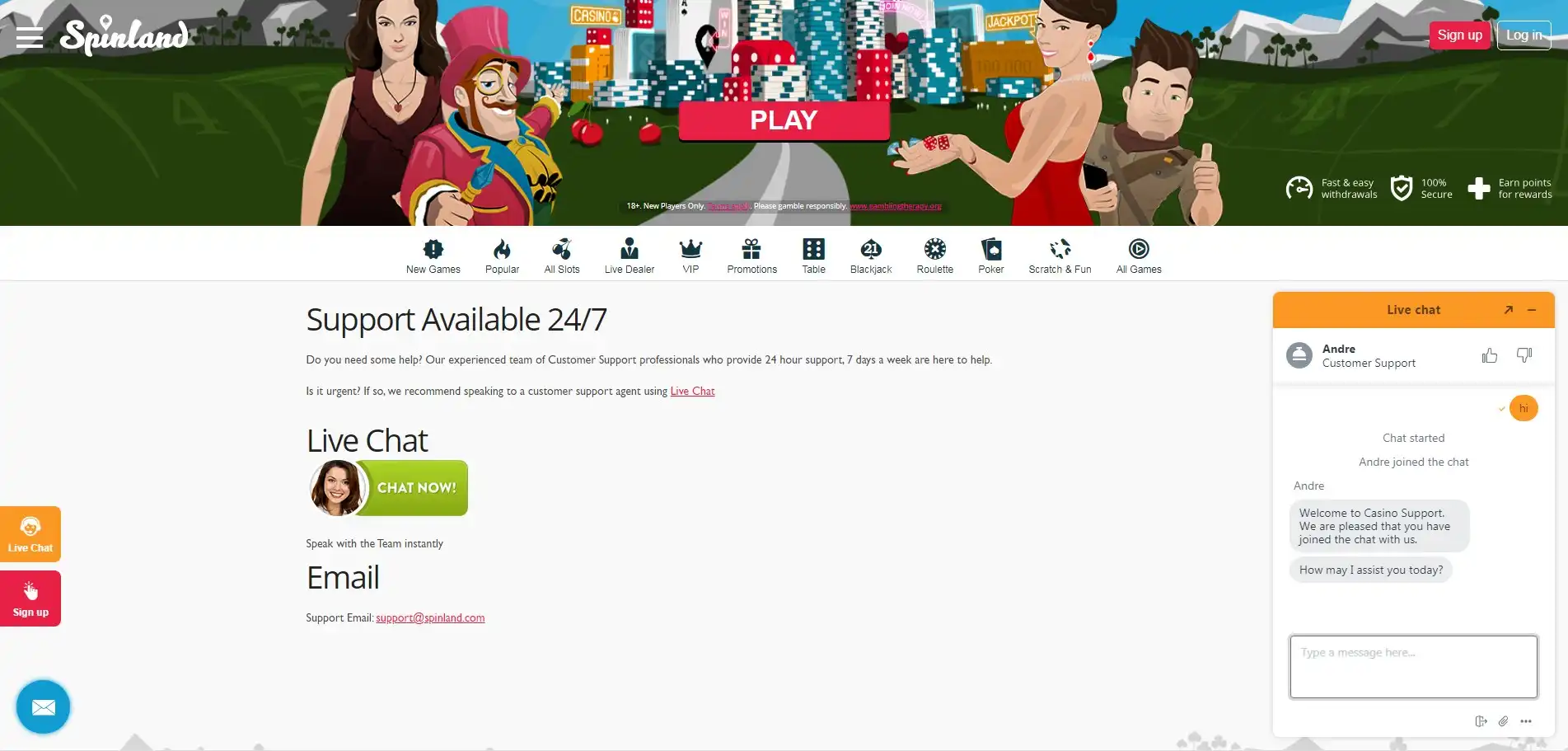 Spinland Casino Support